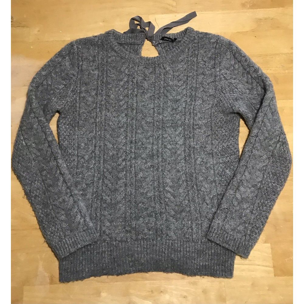 Zara Knit Sweater Women's Small Gray Cable Knit Pullover Keyhole Back Tie